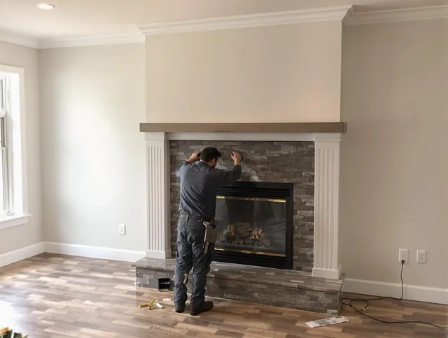 Westlake Chimney Sweep finishing a custom fireplace install in Westlake, OH